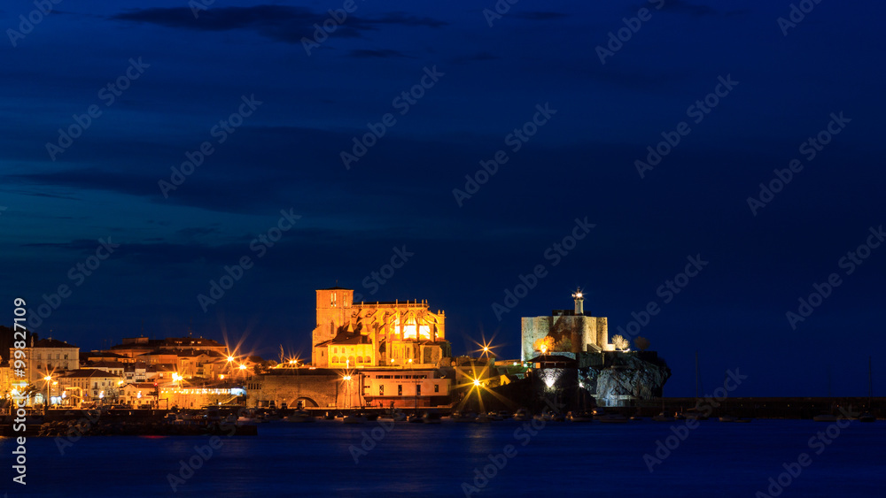 Panoramic night of Castro Urdiales with the church and Castle lighthouse, Castro Urdiales, Cantabria