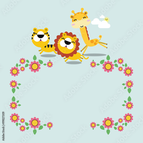 Illustration of a lion, tiger and the giraffe. Vector illustration of cute animals with place for text