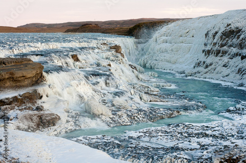 Gullfoss waterfall frozen at winter, Iceland