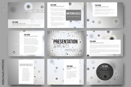 Set of 9 vector templates for presentation slides. Molecular research, cells in gray, science background
