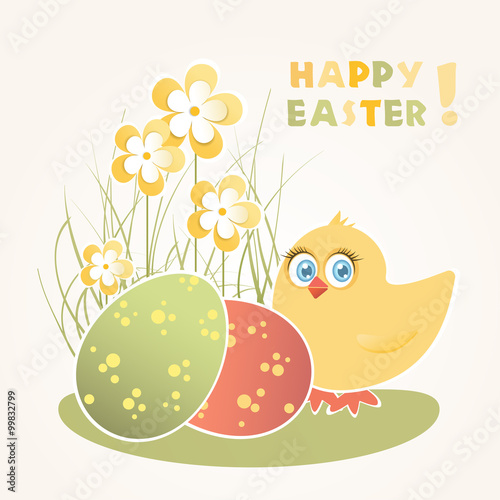 Easter card with chicks and eggs