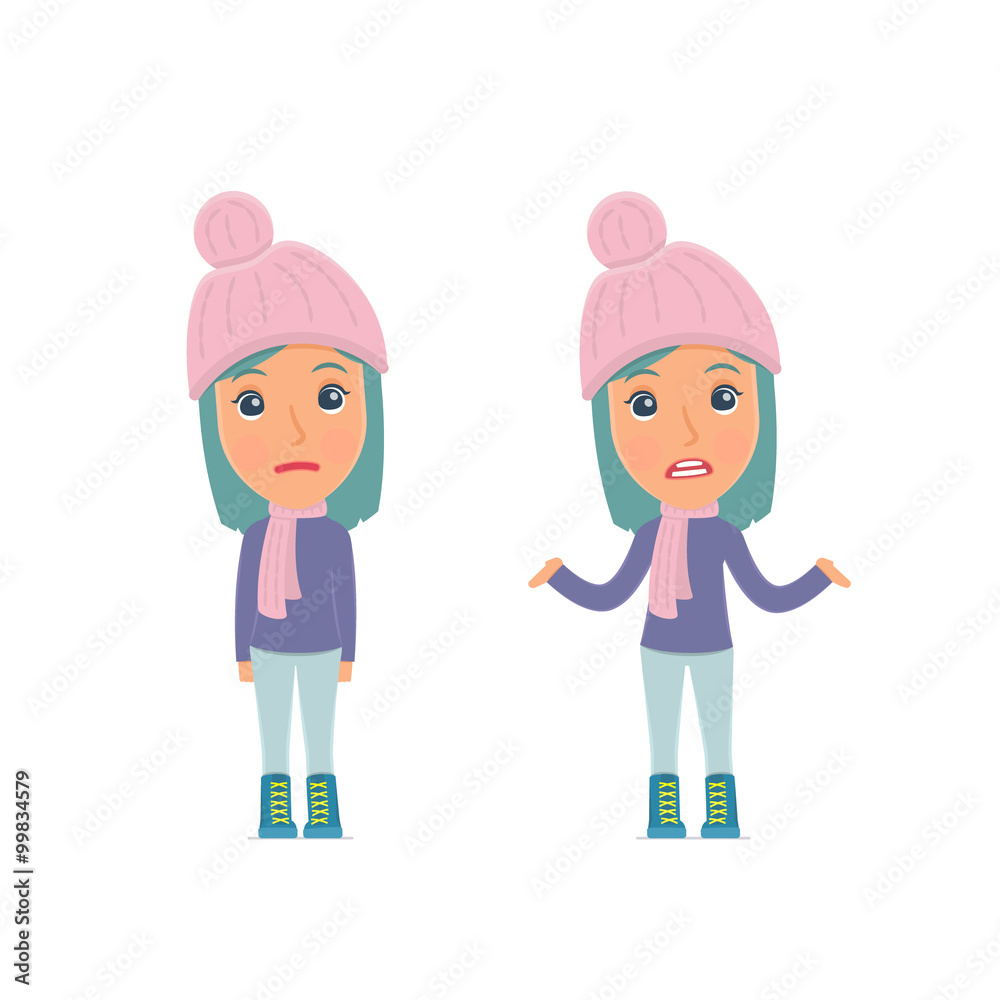 Confused Character Winter Girl in ignorance and does not know w Confused Character Winter Girl in ignorance and does not know w