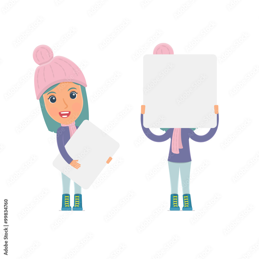 Funny Character Winter Girl holds and interacts with blank forms