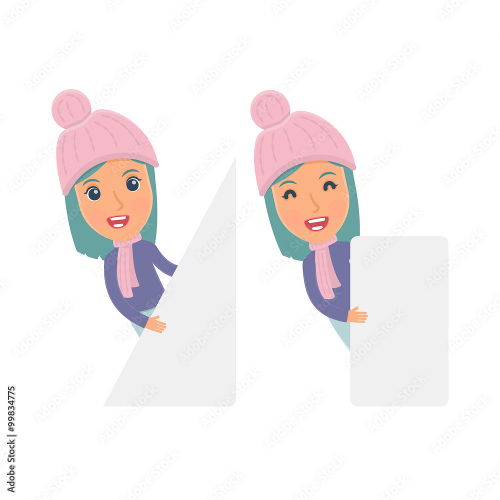 Funny Character Winter Girl holds and interacts with blank forms Funny Character Winter Girl holds and interacts with blank forms