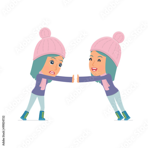 Funny Character Winter Girl holds and interacts with blank forms