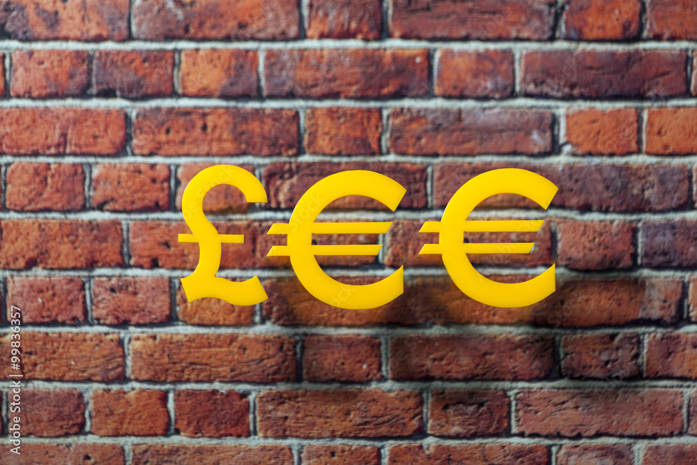 International money icon and currency units front of the British style wall International money icon and currency units front of the British style wall