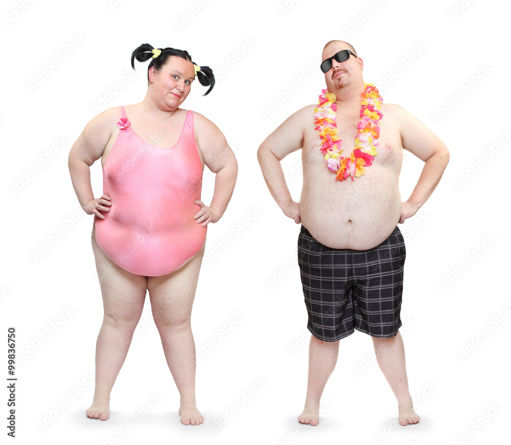 Obese couple in swimsuit with tropical flowers. Funny people ...