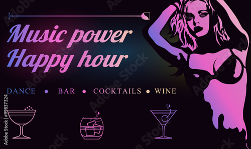 Happy hour cocktail background in neon style