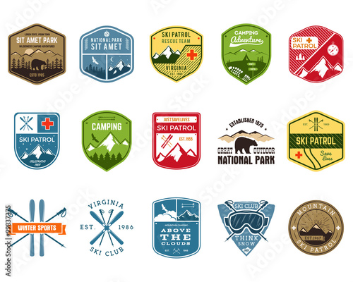 Set of Ski Club, Patrol Labels. Vintage Mountain winter camp explorer badges. Outdoor adventure logo design. Travel hand drawn and hipster color insignia. Snowboard icon symbol. Wilderness. Vector