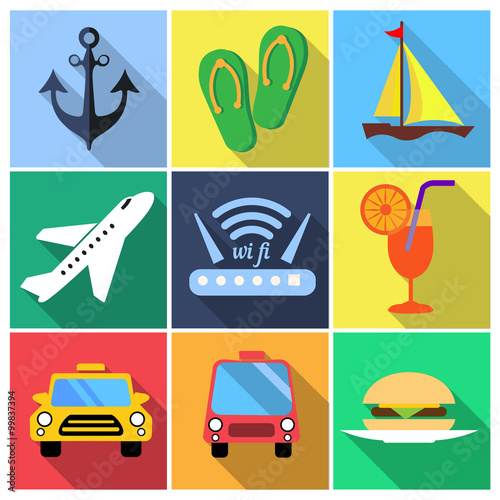 Flat icons vector set with long shadow: tourism, traveling, vacation and transfer, wi-fi, dinner and other like that