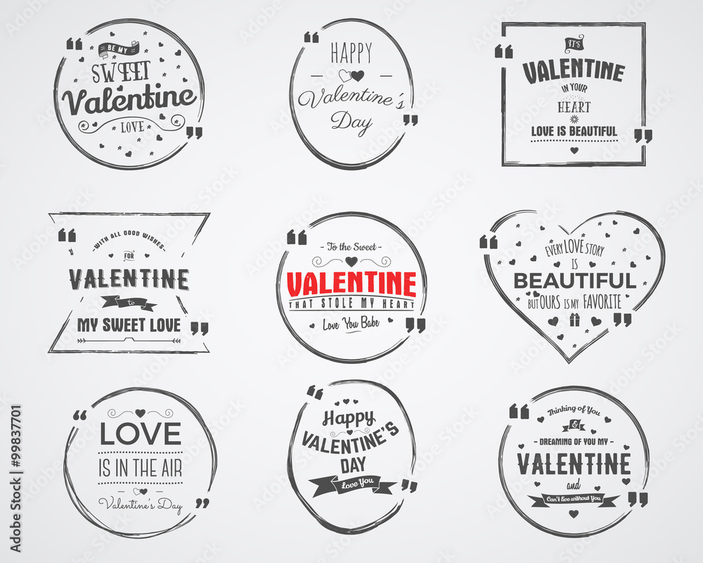 Vector photo overlays, hand drawn lettering collection, inspirational quote. Valentine day labels set. Love is in the air, bubble quote and more on white background. Best for gift card, brochure