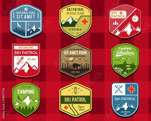 Set of Ski Club, Patrol Labels. Retro Mountain winter camping explorer badges. Outdoor adventure logo design. Travel hand drawn and hipster color insignia. Snowboard icon symbol. Wilderness. Vector