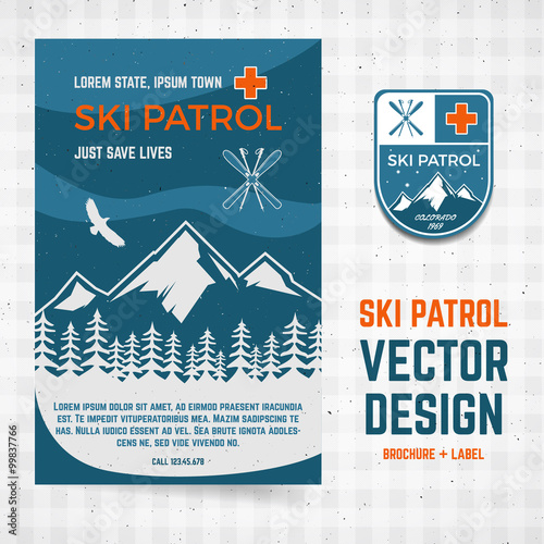 Ski patrol vector brochure and label. The camp concept of flyer for your business, web sites, presentations, advertising etc. Quality design illustrations, elements. Flat outdoor style. Banner design