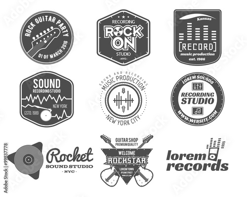 Set of vector music production logo,label, sticker, emblem, print or logotype with elements - guitar for sound recording studio, t shirt, sound production Podcast and radio badges, typography design