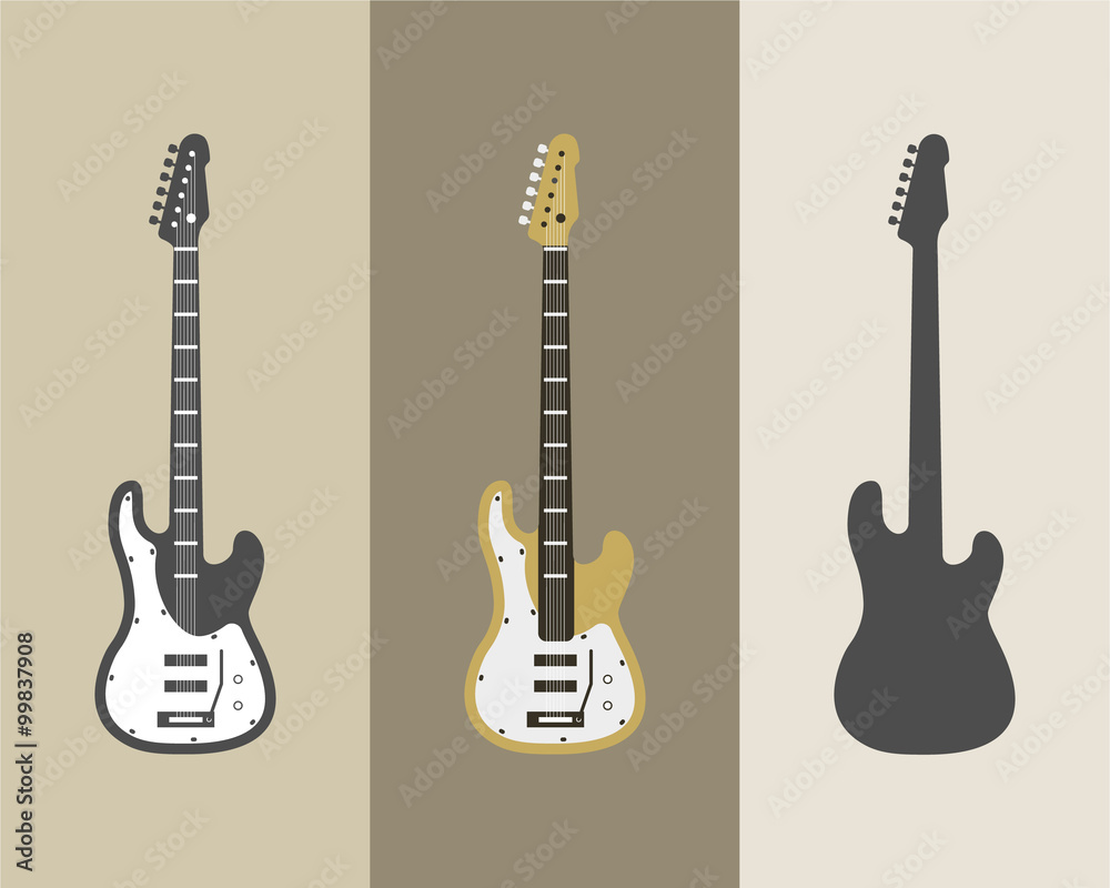 Naklejka premium Electric guitar vector icons set. Guitar isolated icons vector illustration. Guitars isolated on white background. Music, concert, sound, fun, guitars. Vector guitars. Color, grey, silhouette guitars