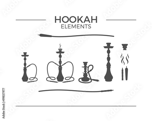 Set of shilhouette Hookah design elements. Use for labels, badges. Vintage shisha logo symbols. Lounge cafe emblem, icon.  Arabian bar or house, shop. Isolated vector illustration.