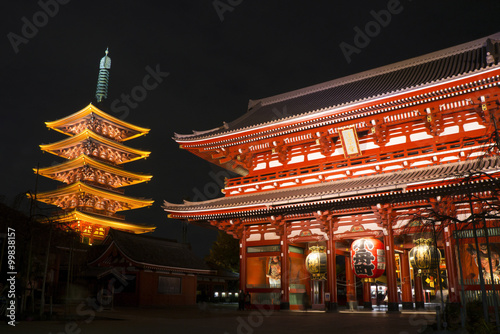 The famous Sensoji Temple at night in Tokyo, Japan