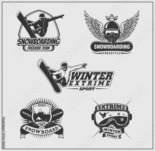 Collection of snowboarding labels, emblems, badges and design elements.