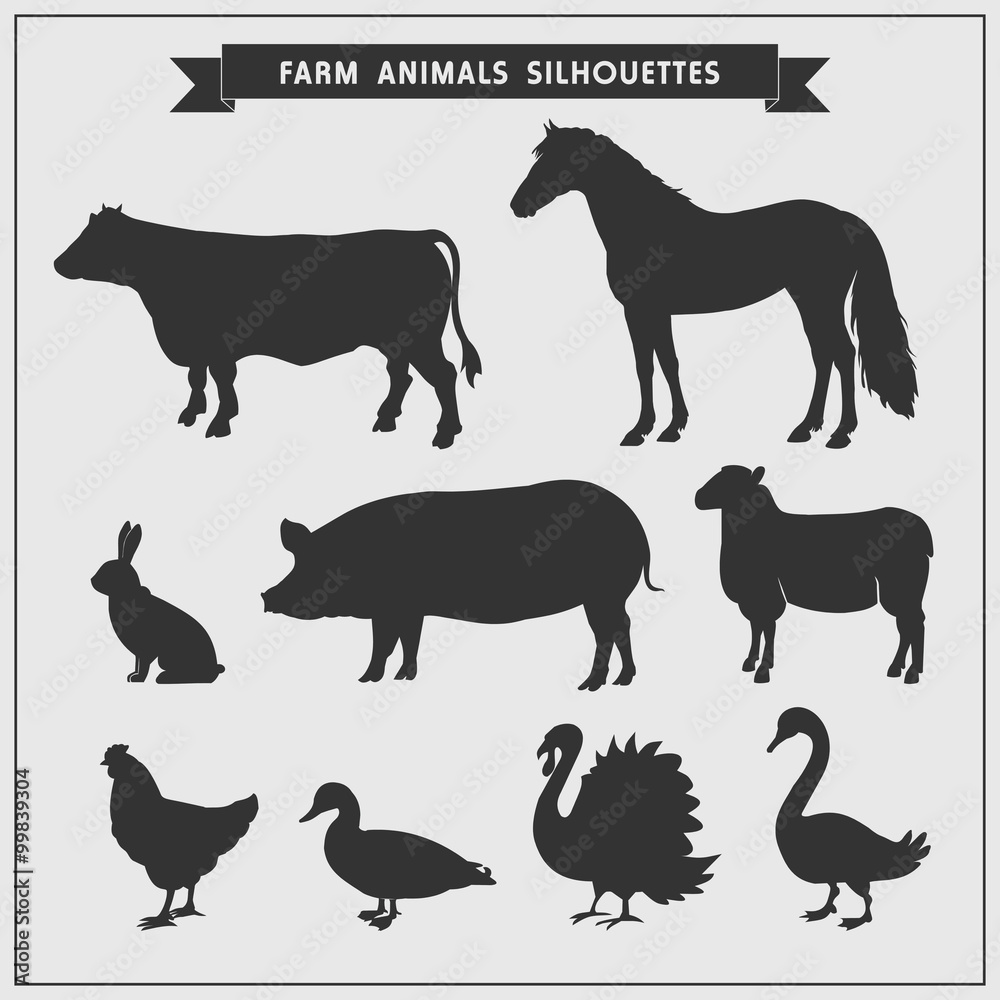 Silhouettes of farm animals isolated on a gray background. Silhouettes of farm animals isolated on a gray background.