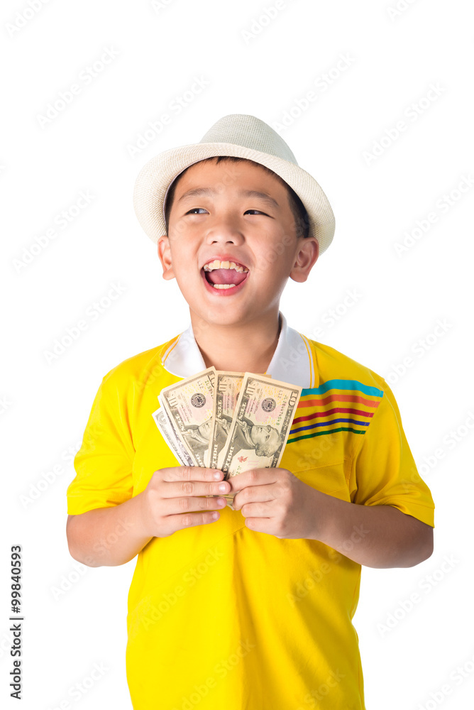 Asian child holding money while standing isolated on white backg Asian child holding money while standing isolated on white backg