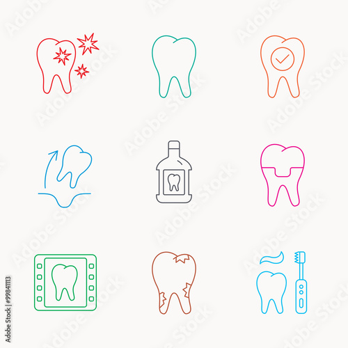 Tooth  dental crown and mouthwash icons. Caries.