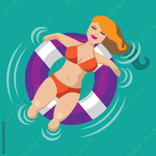Relaxed woman floating in an inner tube. EPS 10 vector.