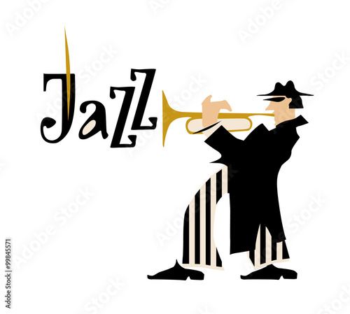 Man playng trumpet. Jazz inscription. Vector illustration.