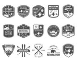 Set of Ski Club, Patrol Labels. Vintage Mountain winter camp explorer badges Outdoor adventure logo design. Travel hand drawn and hipster monochrome insignia. Snowboard icon symbol. Wilderness. Vector
