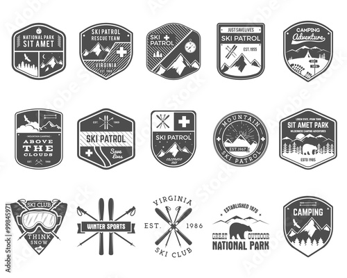 Set of Ski Club, Patrol Labels. Vintage Mountain winter camp explorer badges Outdoor adventure logo design. Travel hand drawn and hipster monochrome insignia. Snowboard icon symbol. Wilderness. Vector