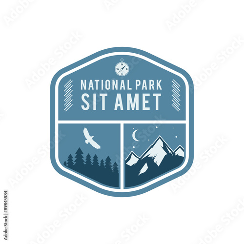National park vintage badge. Mountain explorer label. Outdoor adventure logo design with eagle. Travel and hipster insignia. Wilderness, forest camping emblem. Hiking Vector design typography.