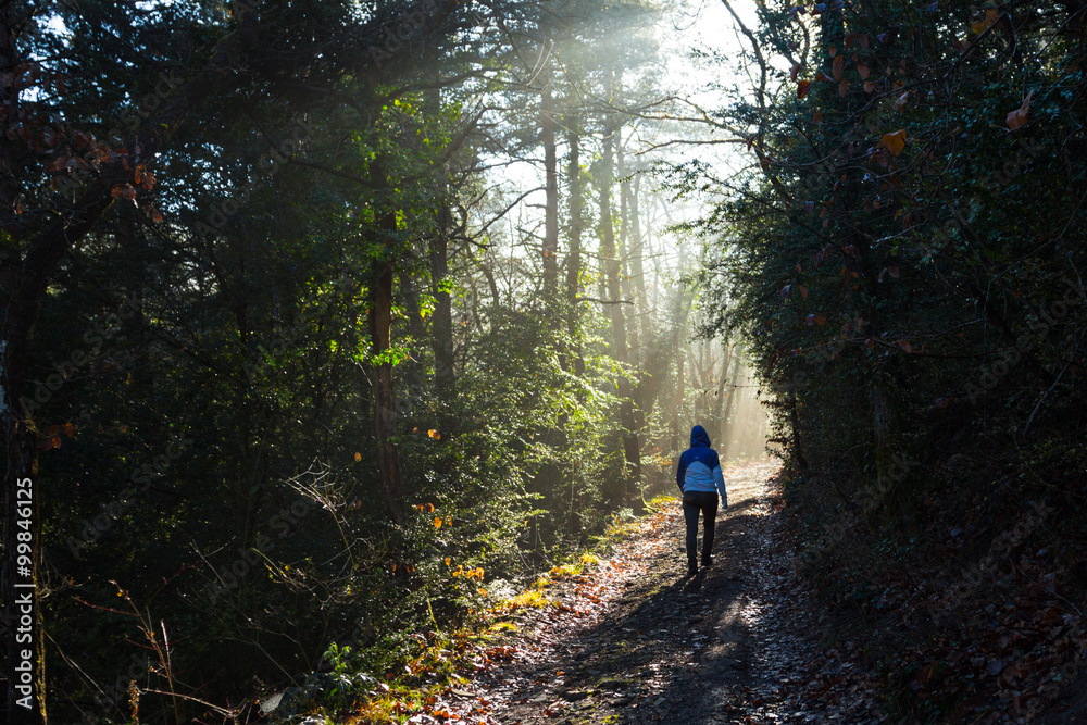 Woman taking a hike through forest