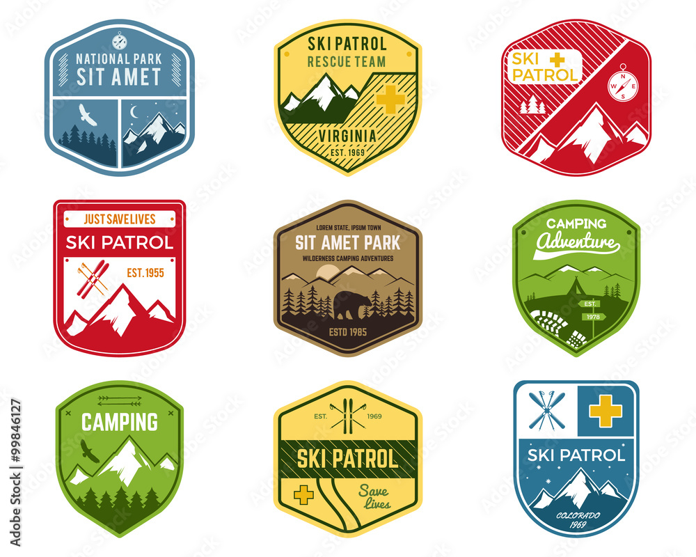 Set of Ski Club, Patrol Labels. Vintage Mountain winter camping explorer badges. Outdoor adventure logo design. Travel hand drawn and hipster color insignia. Snowboard icon symbol. Wilderness. Vector
