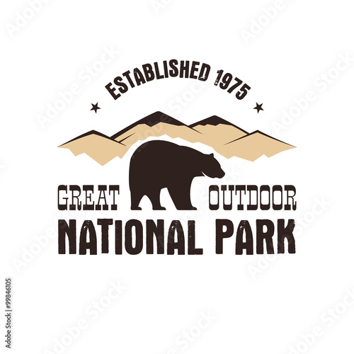 National park retro style badge. Mountain explorer label. Outdoor adventure logo design with bear. Travel and hipster insignia. Wilderness, forest camping emblem Hiking. Vector design typography.
