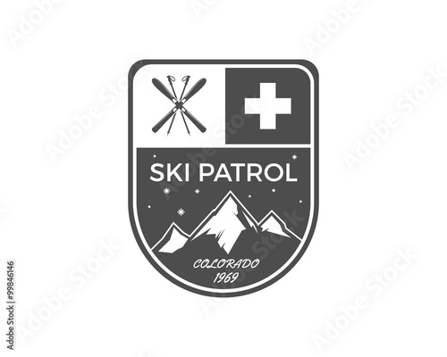 Ski Patrol Label. Vintage Mountain winter sports explorer badge. Outdoor adventure logo design. Travel hand drawn and hipster color emblem. First aid icon symbol. Monochrome design. Wilderness Vector