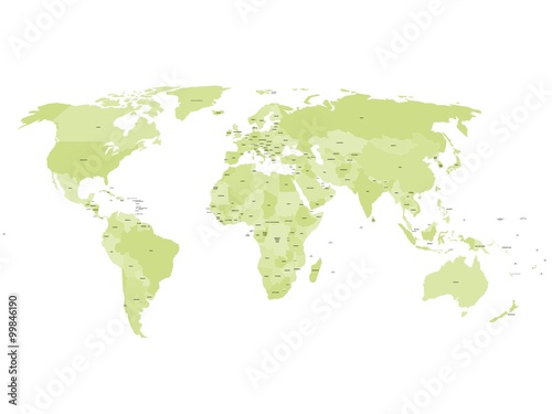 World map with names of sovereign countries and larger dependent territories