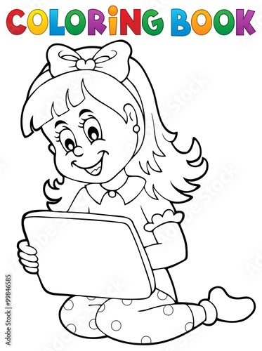 Coloring book girl playing with tablet