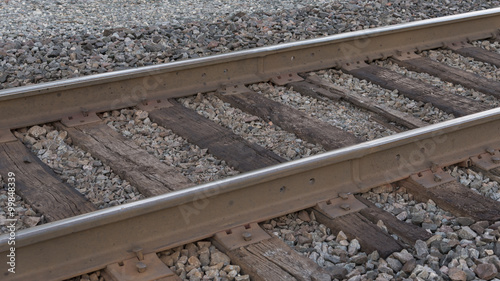 Steel railroad tracks, ties and spikes sitting on a gravel bed ready for the morning train.