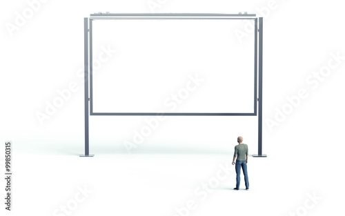man looking at a billboard isolated on white