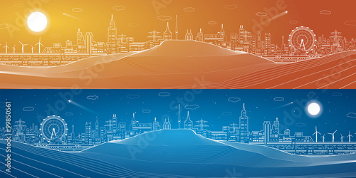 City at night in the desert, industrial mirage, mountains, night town, infrastructure panoramic, vector design