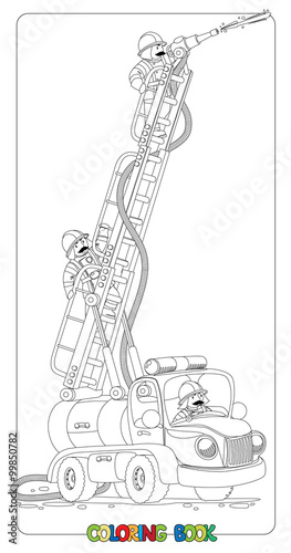 Funny fire truck or firemachine. Coloring book