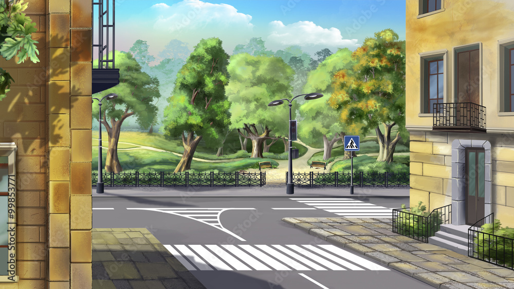 Digital painting of the Crossroad on the background of the city garden. Digital painting of the Crossroad on the background of the city garden.