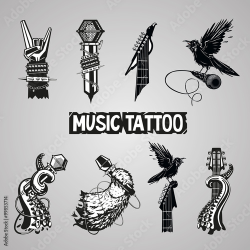 Music tattoo collection. Isolated rock sign. Set for music fans.