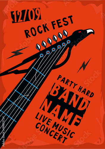 Music poster with a guitar riff in the shape of an eagle. Rock background