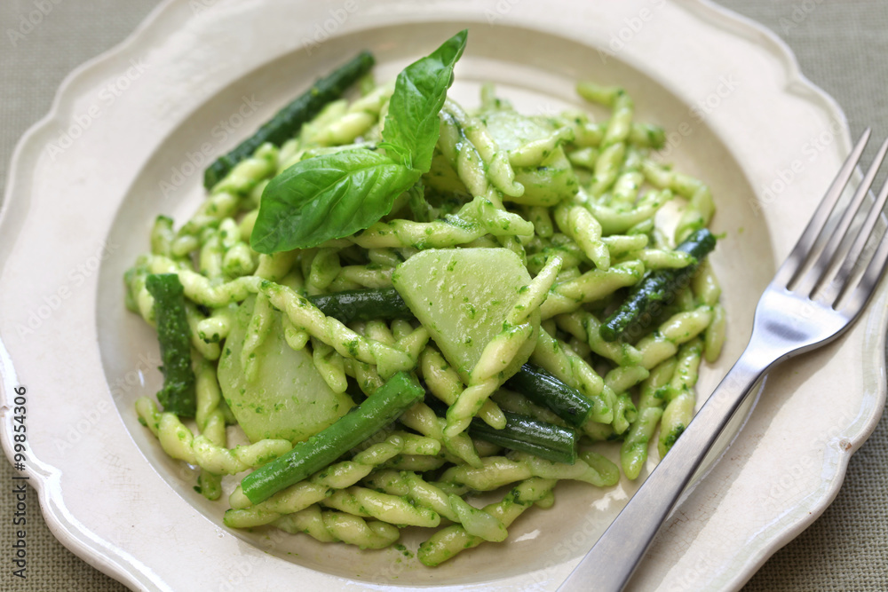 trofie pasta with pesto, green beans and potatoes, italian cuisine trofie pasta with pesto, green beans and potatoes, italian cuisine