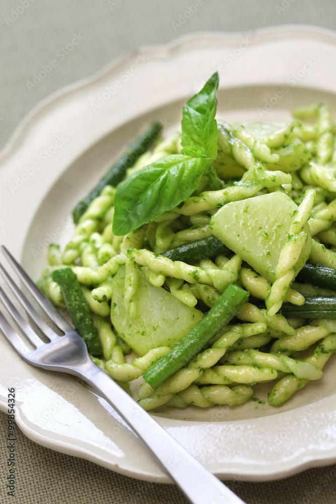 trofie pasta with pesto, green beans and potatoes, italian cuisine trofie pasta with pesto, green beans and potatoes, italian cuisine