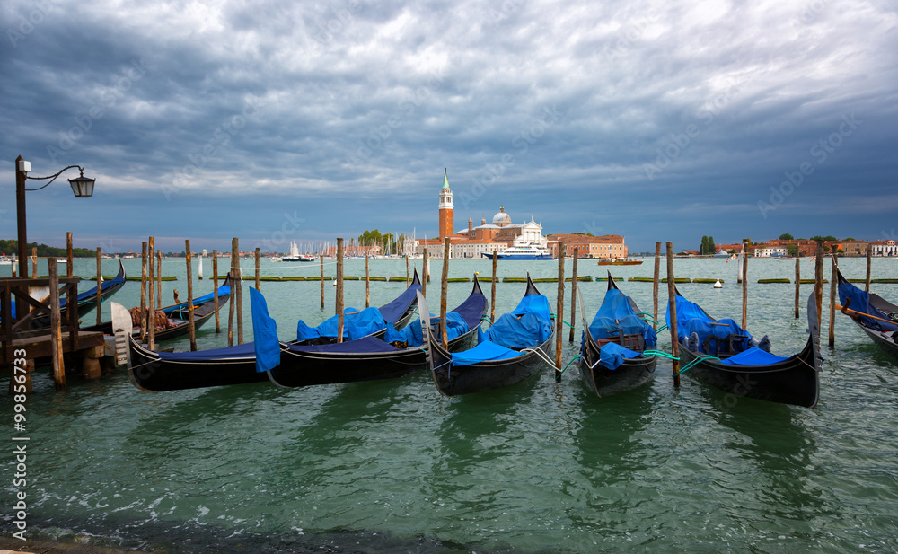 Gondolas on the Grand Canal against the background of the church of San Giorgio Maggiore, Venice, Italy
