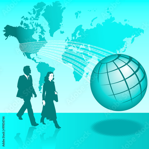 A businessman and businesswoman walk in an abstract environment depicting the world of technology