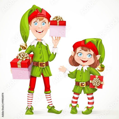 Cute little elfes Santa's assistant witha gifts isolated on a wh