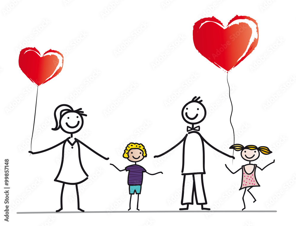 Fröhliche Familie beim Feiern mit roten Luftballons, Herzen, Eltern und Kinder, Gemeinschaft, stärken, Generation, Kinder erziehen und in Familie leben Fröhliche Familie beim Feiern mit roten Luftballons, Herzen, Eltern und Kinder, Gemeinschaft, stärken, Generation, Kinder erziehen und in Familie leben