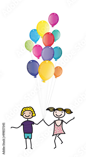 Kindertag  Einladung zum Kindergeburtstag - fr  hliche Kinder mit vielen bunten Luftballons feiern Geburtstag  Einladungskarte